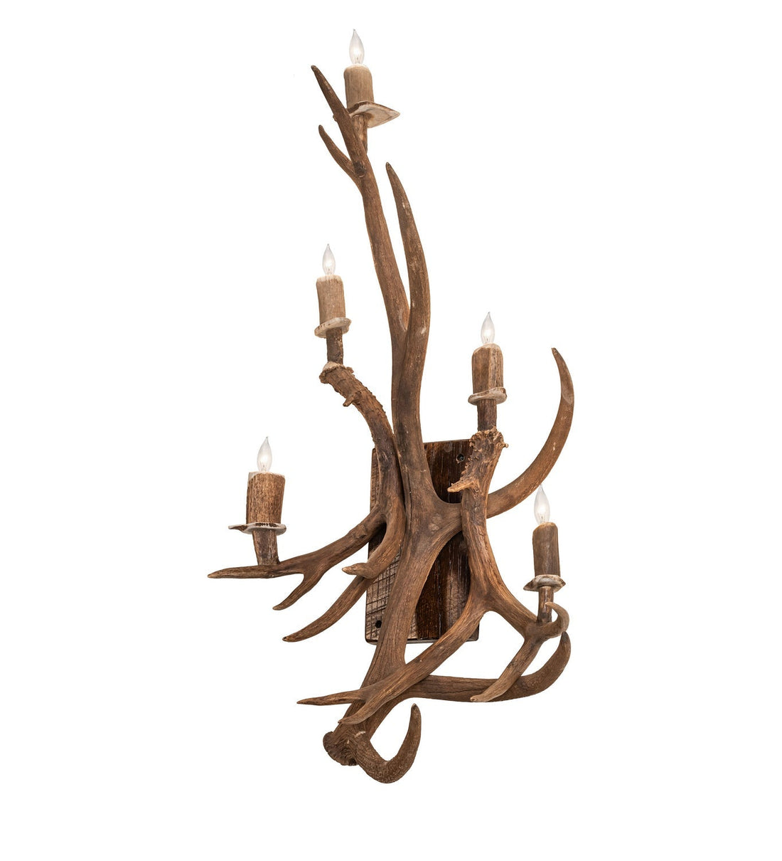 Antler wall sconce with elk and mule deer design, large rustic 5-light wall lamp for lodge and cabin interiors