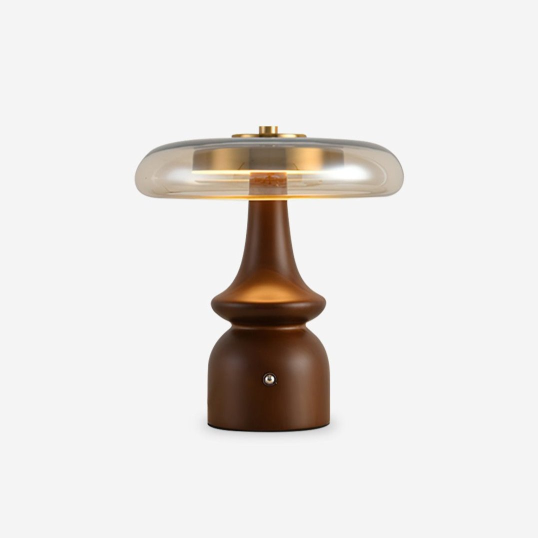 Nova Table Lamp with walnut wood base and amber glass shade