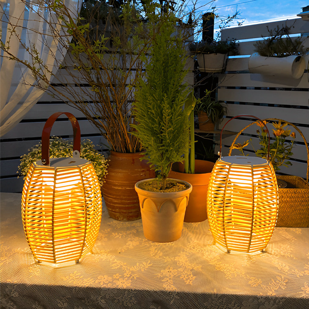 Portable Rattan Lantern Waterproof LED Contemporary Solar Exterior Light, Outdoor Wall Light, Aluminum, 6" Dia x 11" H