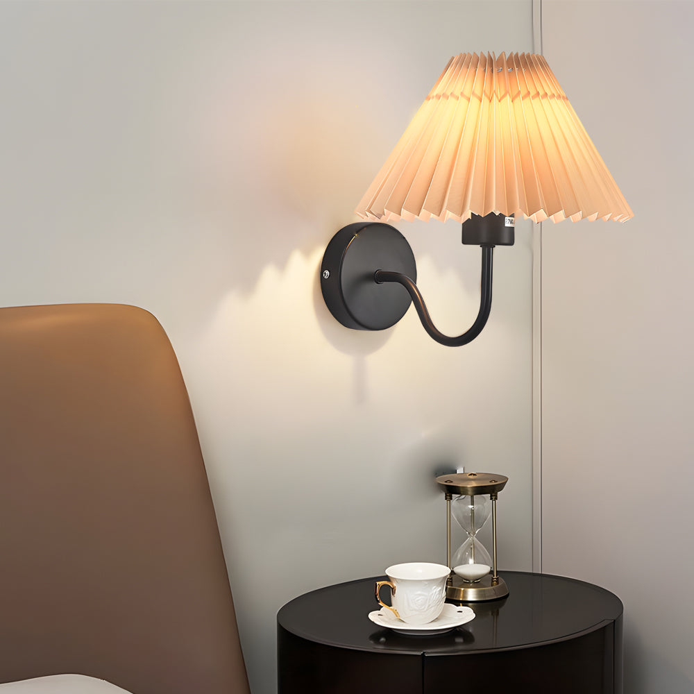 Vintage 1-Light Dimmable Metallic Arm Sconce with Pleated Fabric Shade, Hardwired Wall Sconce, detail 2