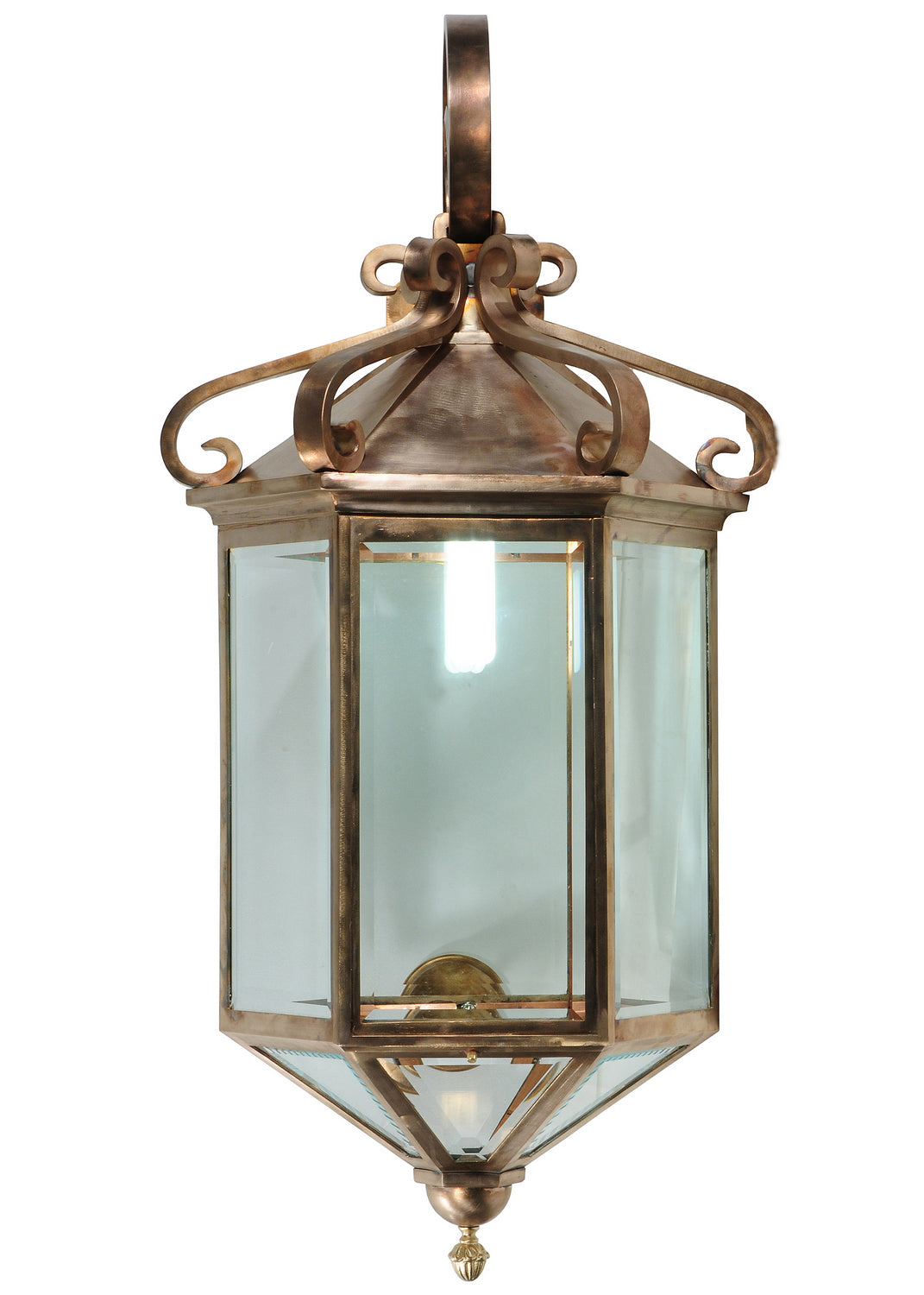 Anza silicon bronze wall lantern clear glass and lower finial detail