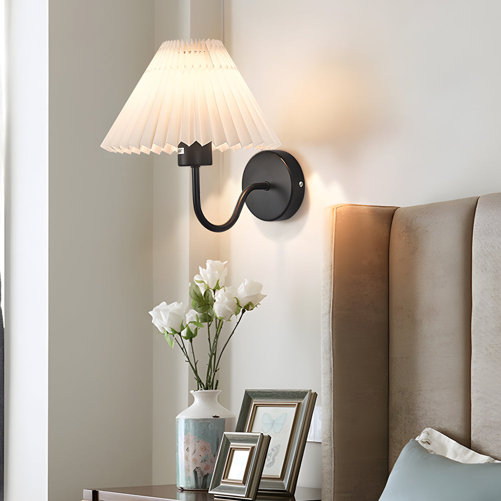 Vintage 1-Light Dimmable Metallic Arm Sconce with Pleated Fabric Shade, Hardwired Wall Sconce, detail 5