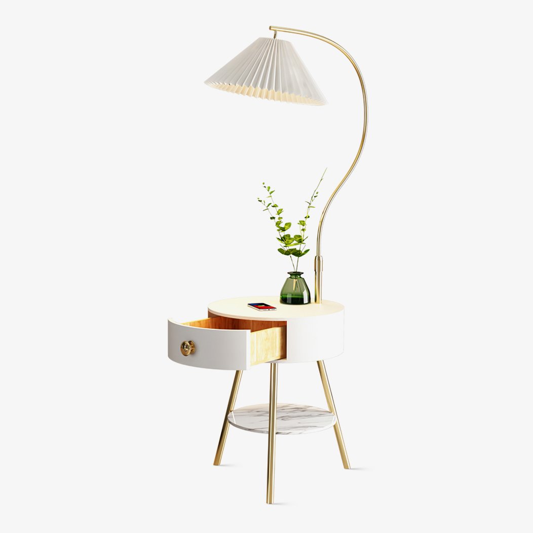 Pleated Nightstand Reading Lamp Standing Light, Bedside Table Lamp, Wood, Dia 40cm x H 170cm