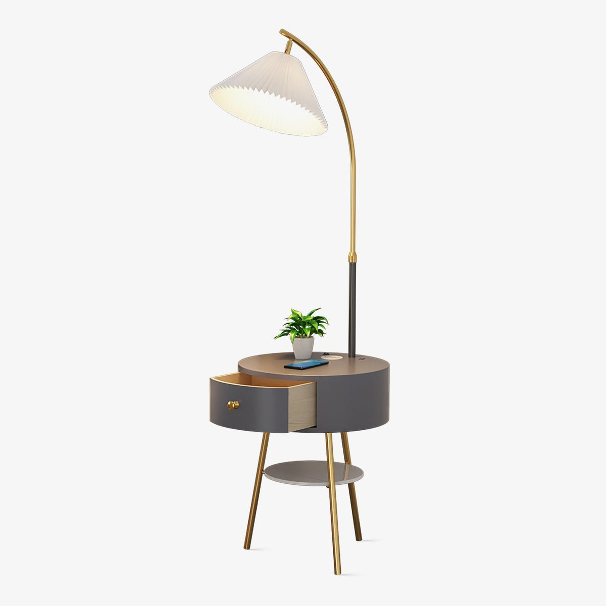 Pleated Arc Reading Lamp Standing Light, Bedside Table Lamp, Wood, Dia 53cm x H 162cm