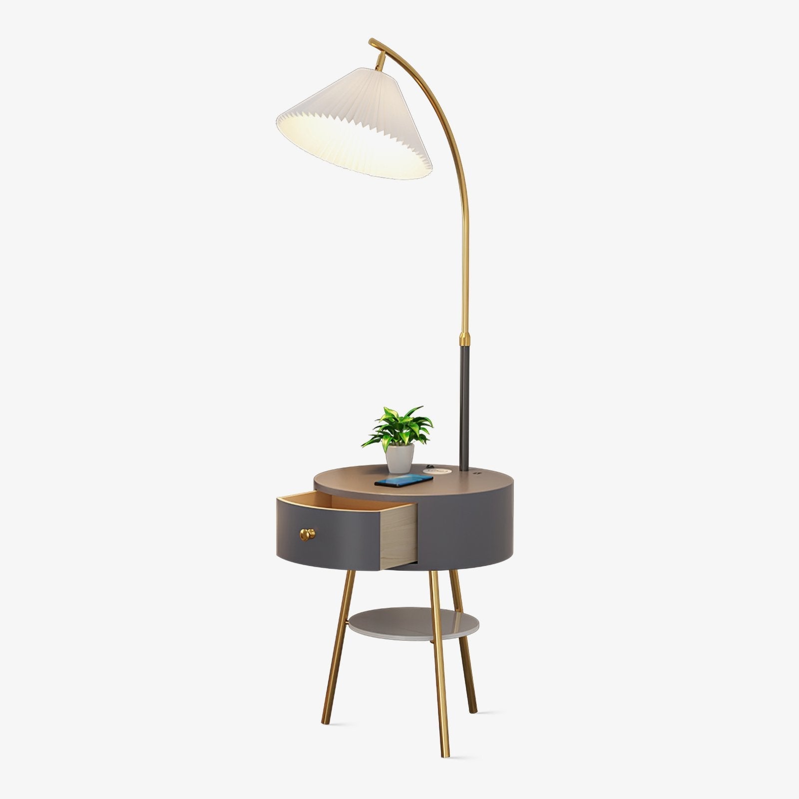 Pleated Arc Reading Lamp Standing Light, Bedside Table Lamp, Wood, Dia 53cm x H 162cm