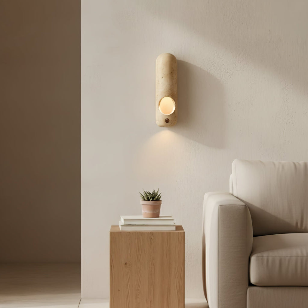 Travertine Oval Wall Light - Dia 9cm x H 30cm Metal, Hardwired Wall Sconce, detail 5