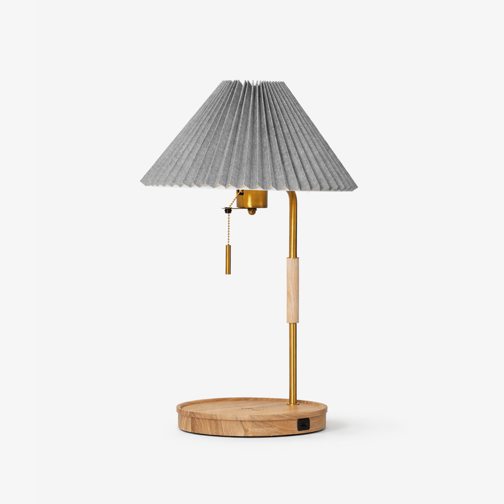 Pleated Retro Wooden Table Light, Bedside Table Lamp, Ash, ∅ 12.2″ x H 20.4″