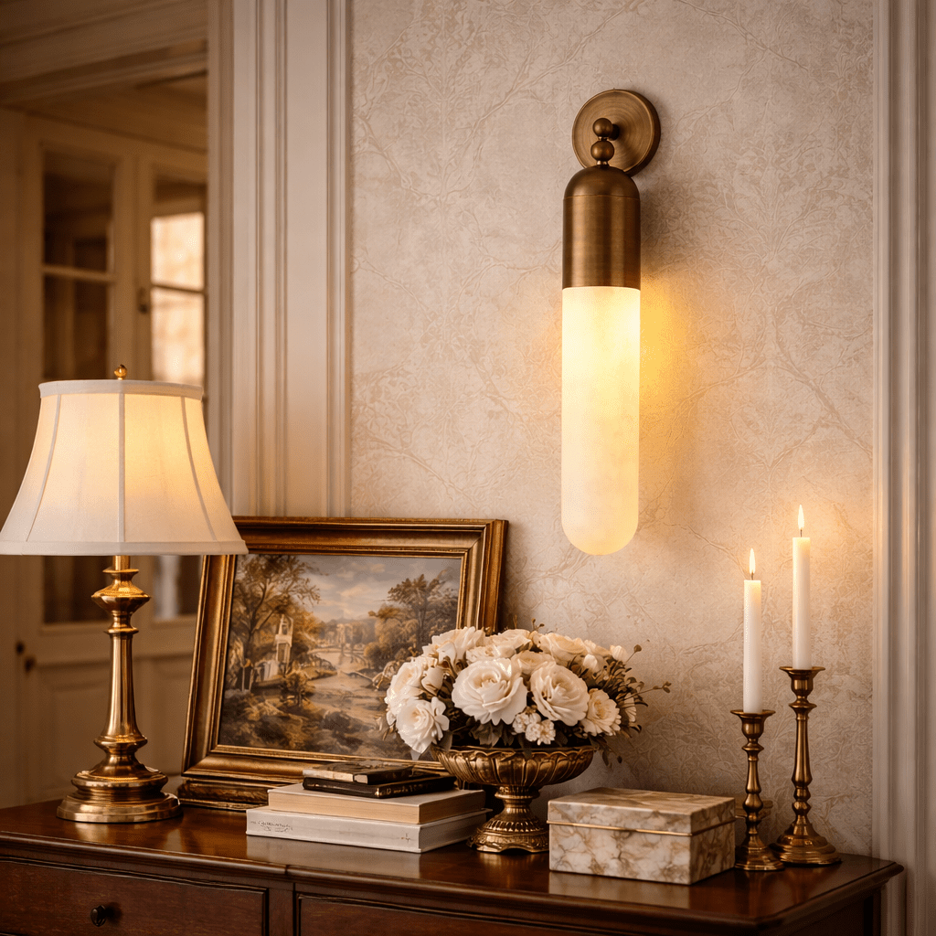 Alabaster Sculpted Tube Wall Light, Hardwired Wall Sconce, detail 7