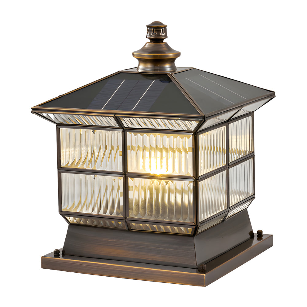 Glass Square Bronze Hardwired/Solar Pillar Lamp Fence Post Light with 3 Step Dimming, Outdoor Wall Light, detail 8