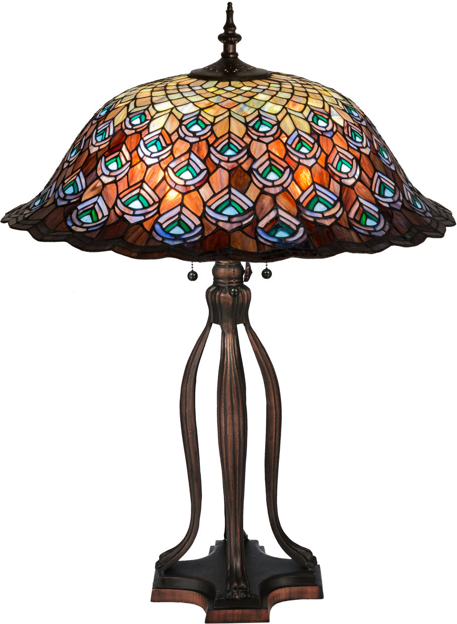 Peacock Feather 30 Inch 3-Light 30.00" Green/Blue Pbag Purple/Blue Lt Blue Aqua/Green Table Lamp front view