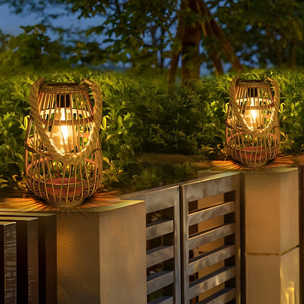 Portable Bamboo Rattan Waterproof LED Wood Retro Solar Exterior Lanterns, Outdoor Wall Light, detail 3