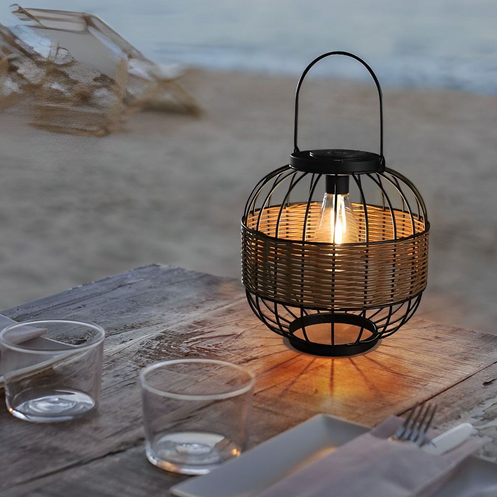 Rattan Decor Cage Shape Waterproof Intelligent Exterior Solar Lanterns, Night Light, H 5in