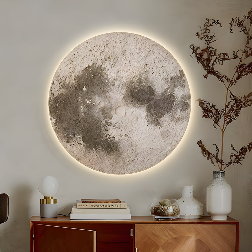 Circular Moon 3D Sandstone Painting USB Voice Control Decorative Painting, Bedroom Wall Sconce, Density Board, 19.7"