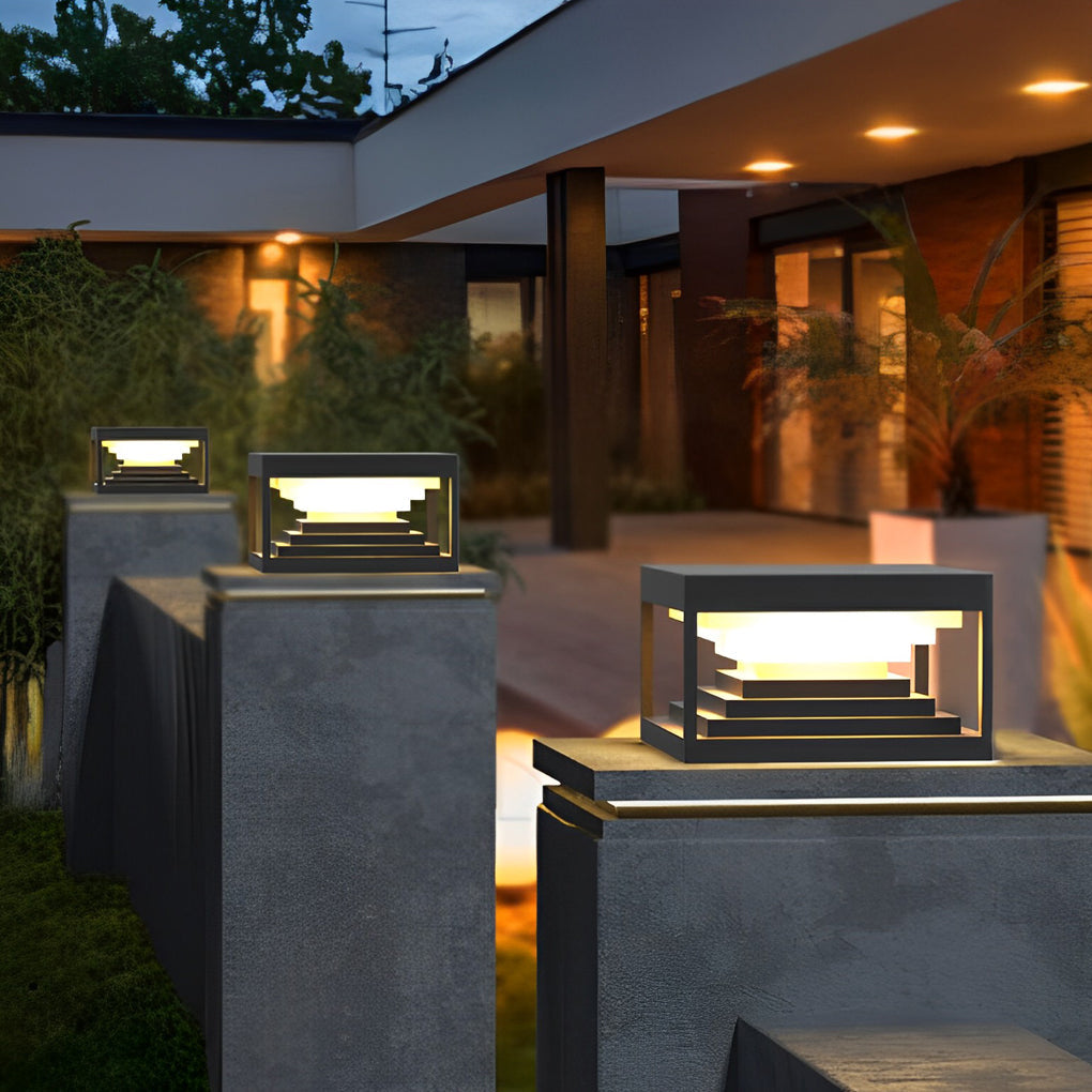 Square Steps Creative Waterproof LED Black Contemporary Solar Post Caps Lights, Outdoor Wall Light, Stainless Steel, 7.9"