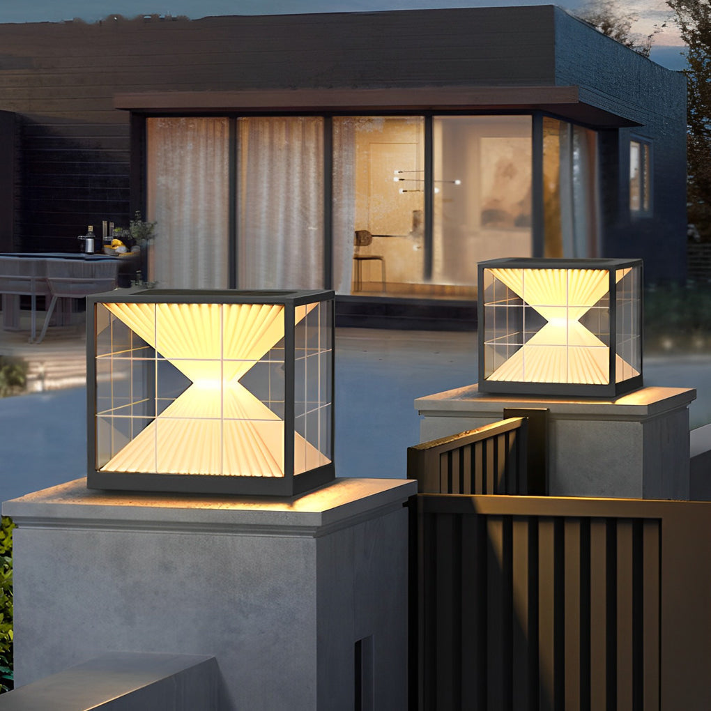 Square Creative Hourglass Shape LED Waterproof Solar Fence Post Lights, Outdoor Wall Light, Stainless Steel, 8"