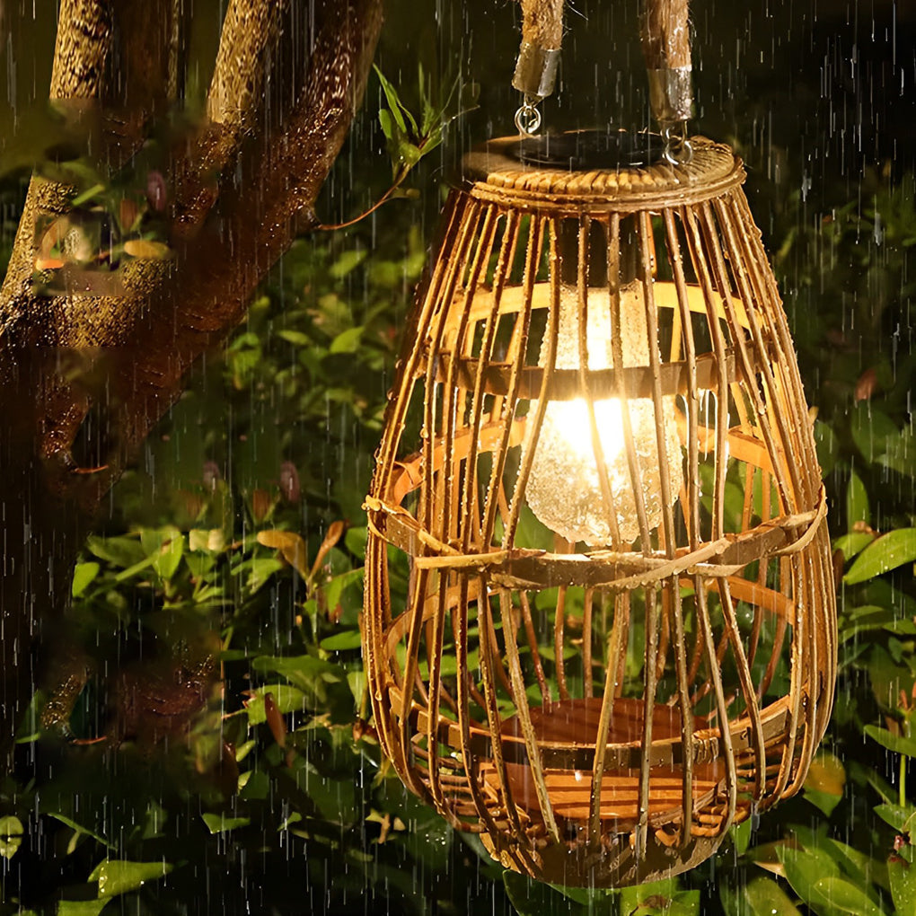 Portable Bamboo Rattan Waterproof LED Wood Retro Solar Exterior Lanterns, Outdoor Wall Light, H 9.4in