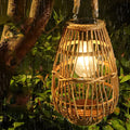 Portable Bamboo Rattan Waterproof LED Wood Retro Solar Exterior Lanterns, Outdoor Wall Light, H 9.4in