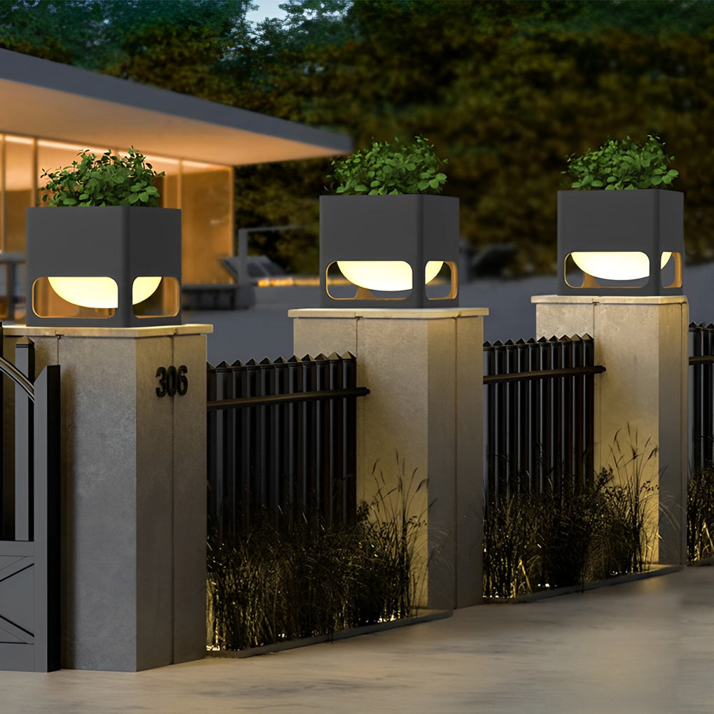 Square Waterproof Flowerpot LED Black Contemporary Exterior Fence Post Lights, Outdoor Wall Light, Stainless Steel, 11.8"