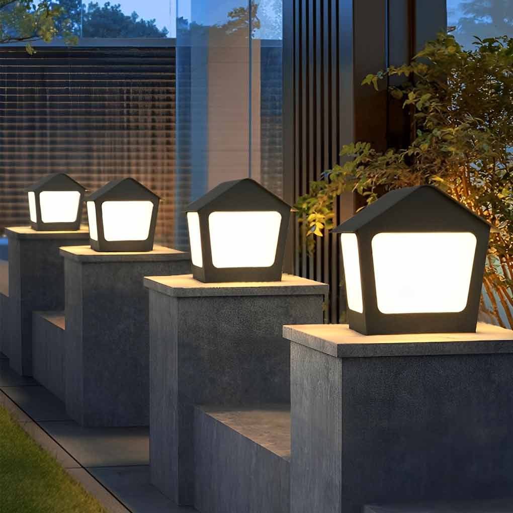 Cottage Shaped LED Waterproof Black Contemporary Solar Fence Post Lights Pillar Light, Outdoor Wall Light, Stainless Steel, 7.9"