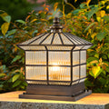 Glass Square Bronze Hardwired/Solar Pillar Lamp Fence Post Light with 3 Step Dimming, Outdoor Wall Light, Copper, 9.8"