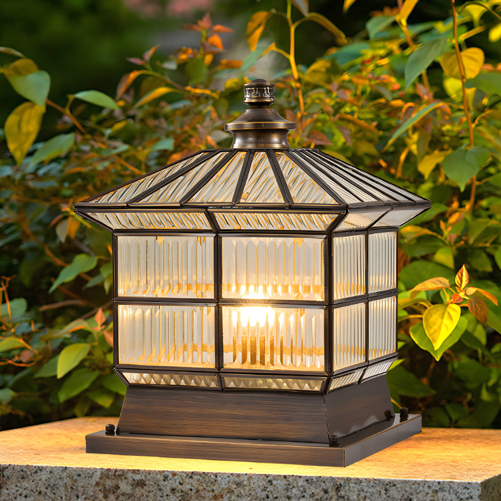Glass Square Bronze Hardwired/Solar Pillar Lamp Fence Post Light with 3 Step Dimming, Outdoor Wall Light, Copper, 9.8"