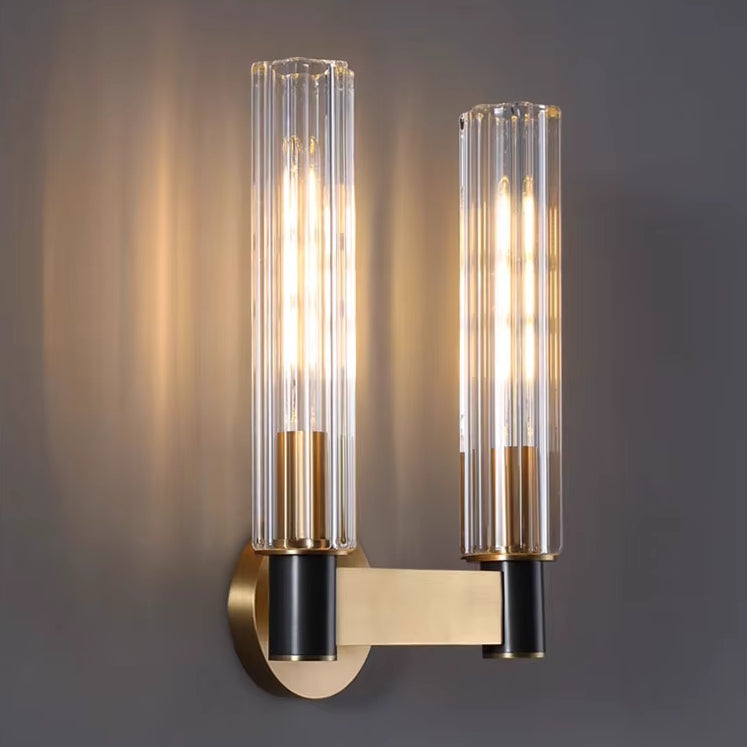 Palermo 2-Head Retro Brass Wall Light, Bathroom Wall Sconce, Brass and glass, Dimensions: Width 23cm
