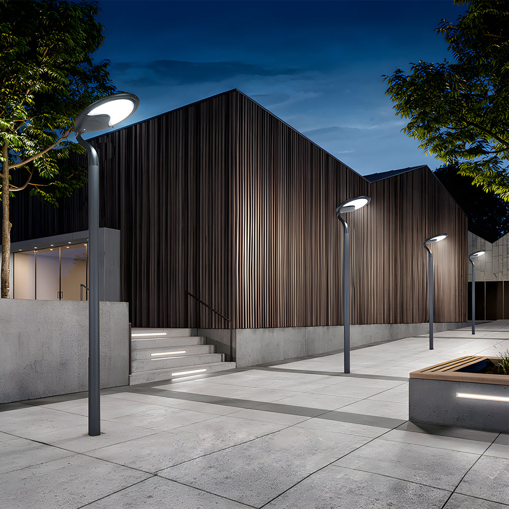 Black Circular Contemporary Exterior LED Solar Post Street Light, Outdoor Wall Light, detail 2