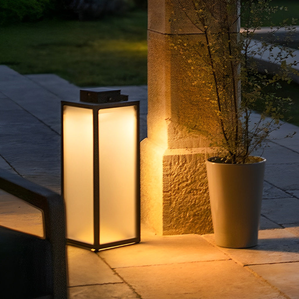 Stainless Steel Square Lantern Portable Rechargeable LED Waterproof Solar Lawn Lights, Outdoor Wall Light, 15.7"