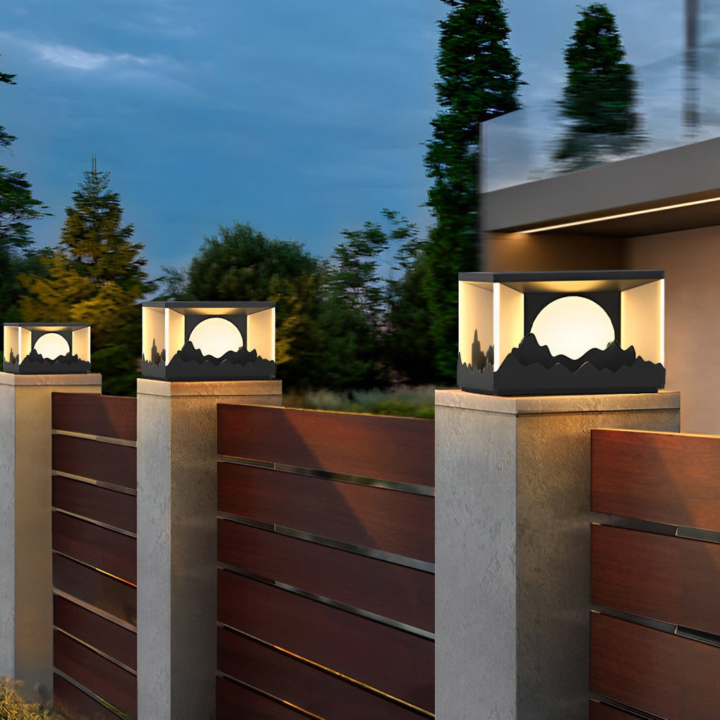 Mountain Scenery Design Waterproof LED Contemporary Solar Fence Post Lights, Outdoor Wall Light, Stainless Steel, 7.9"x7.9"x6"