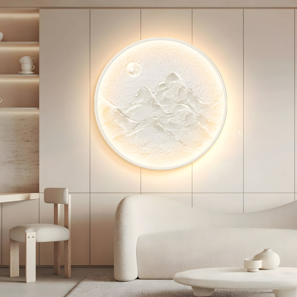 Nordic Moon Wall Light - Circular Mountain Moon Decorative Painting Lamp, Plug-In Wall Sconce, 19.7"