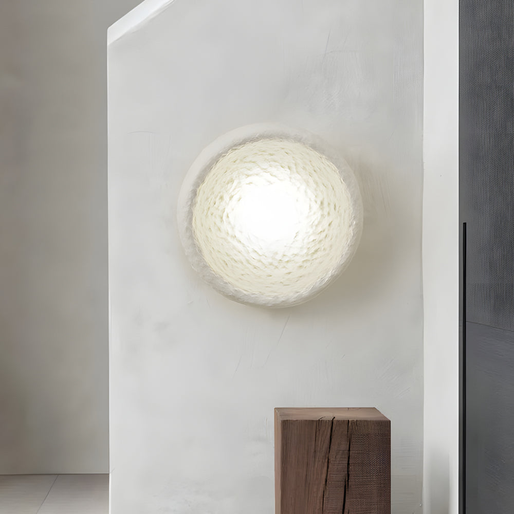 Japanese White Circular 1-Light Wall Light, 3 Sizes, Hardwired Wall Sconce, Resin + Glass, 7.9" Dia x 5.9" H