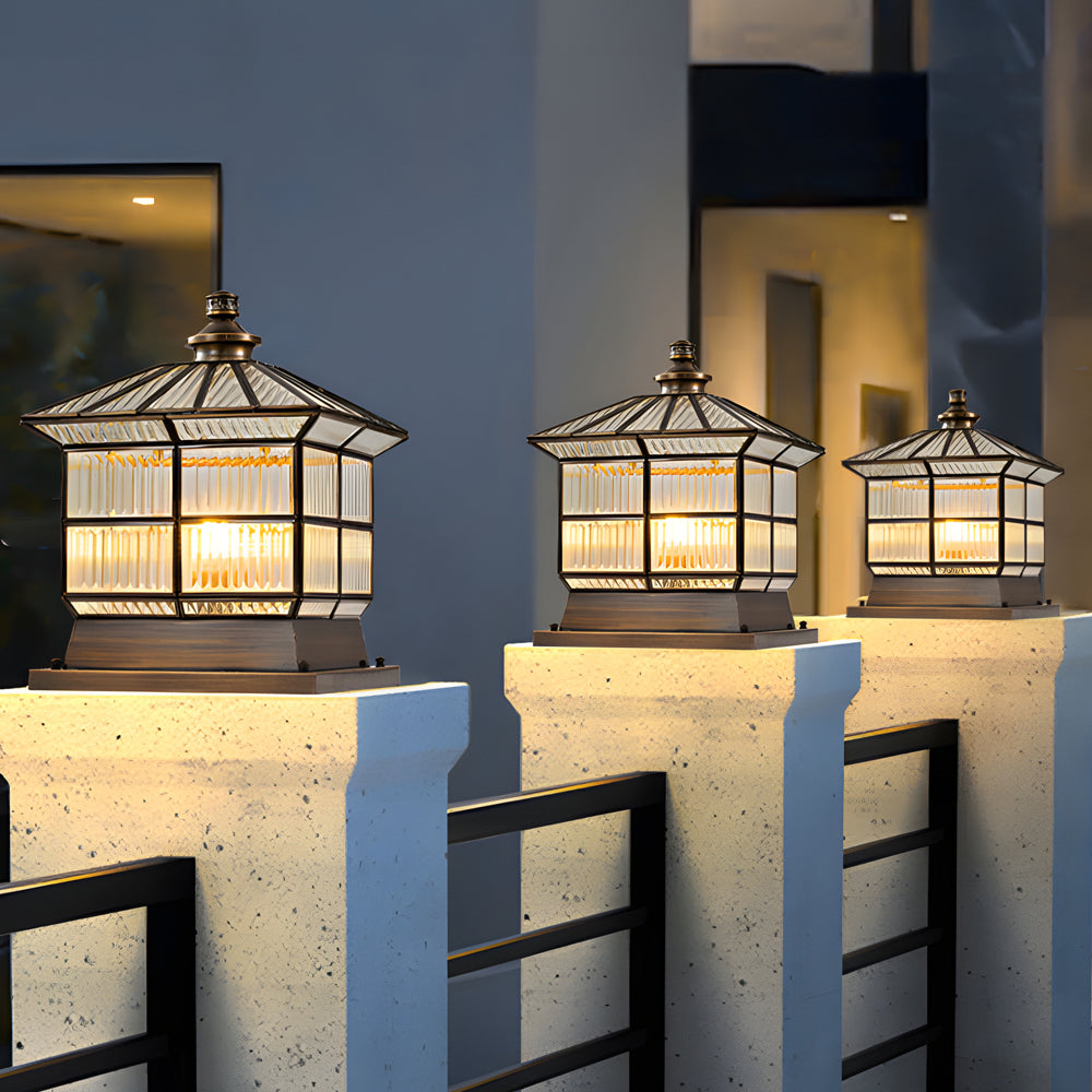 Glass Square Bronze Hardwired/Solar Pillar Lamp Fence Post Light with 3 Step Dimming, Outdoor Wall Light, detail 3