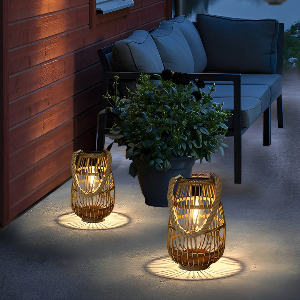 Portable Bamboo Rattan Waterproof LED Wood Retro Solar Exterior Lanterns, Outdoor Wall Light, detail 4