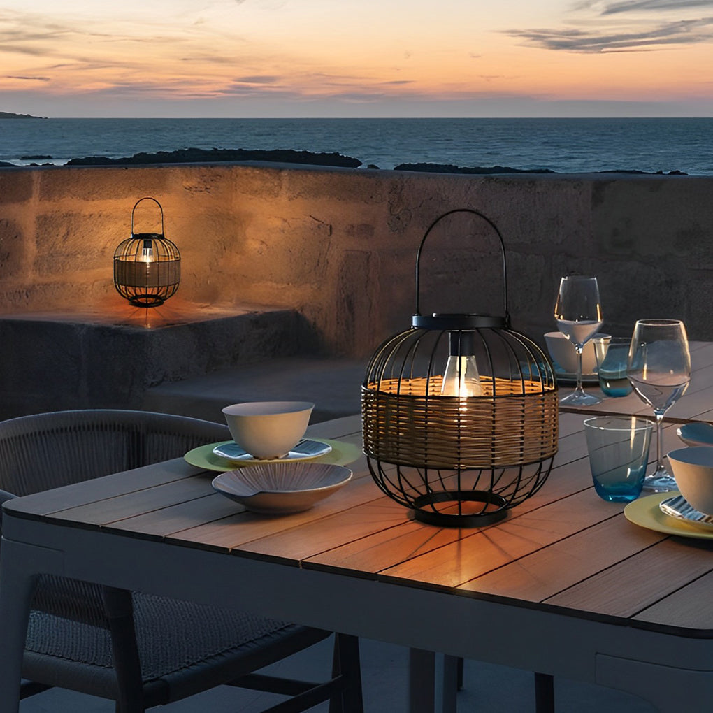 Rattan Decor Cage Shape Waterproof Intelligent Exterior Solar Lanterns, Night Light, detail 4