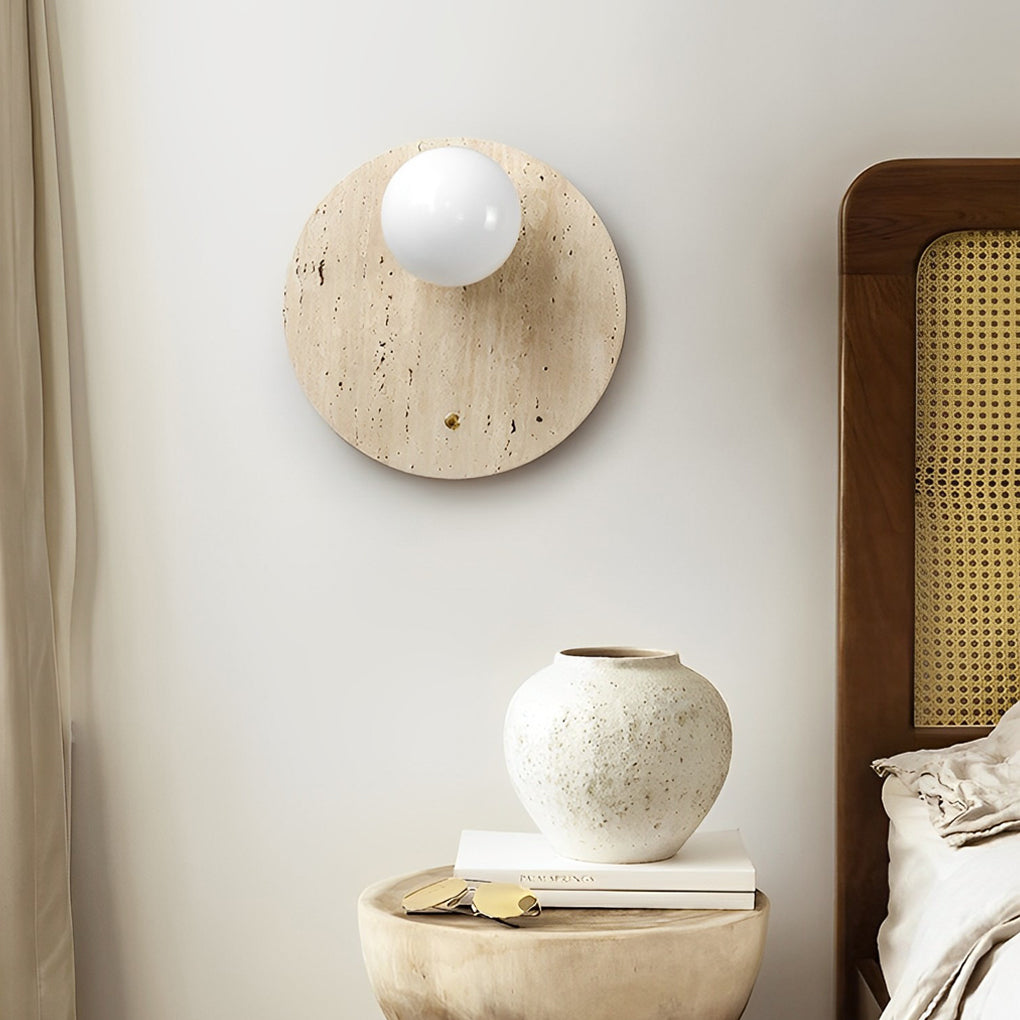 Circular Long Yellow Travertine LED Wabi-sabi Japanese Style Wall Fixtures Fixture, Hardwired Wall Sconce, Dia 11.8in