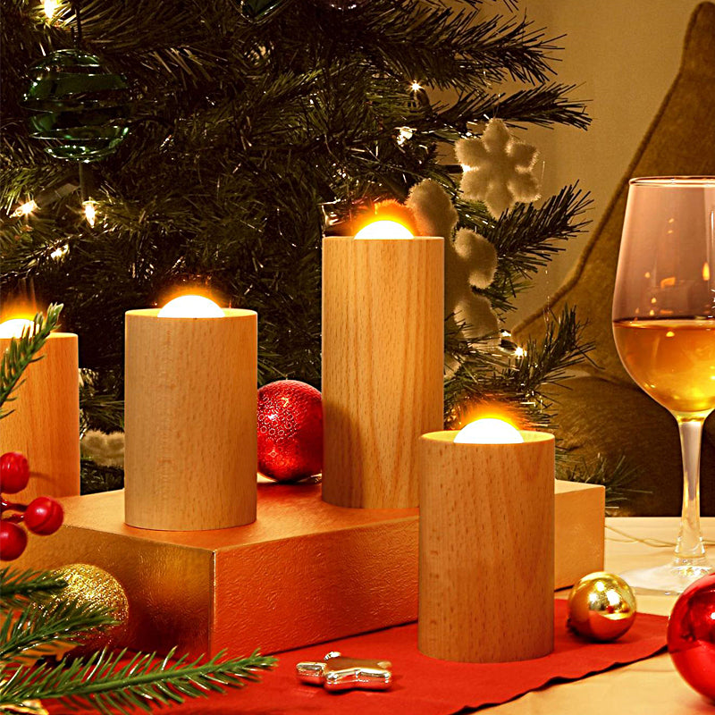 Candlelight Ambient Wood Cylinder Accent LED Table Light, Bedside Table Lamp, 3.7"