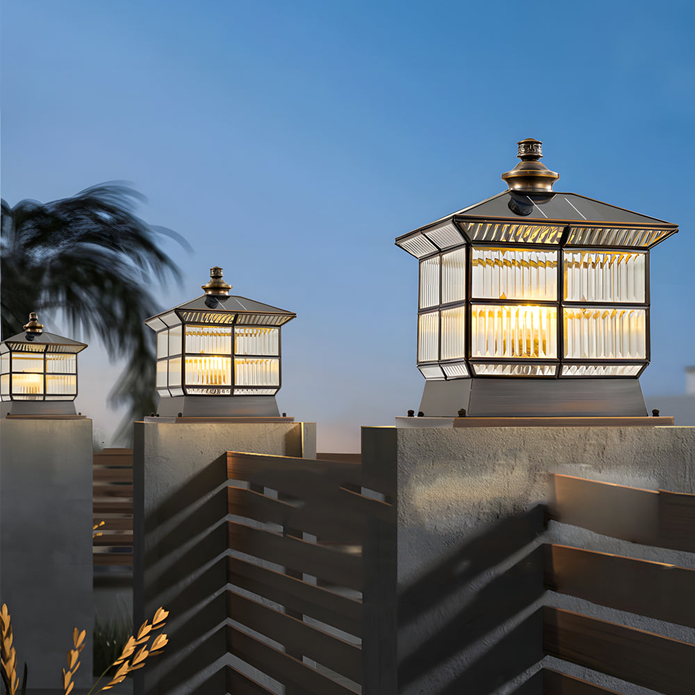 Glass Square Bronze Hardwired/Solar Pillar Lamp Fence Post Light with 3 Step Dimming, Outdoor Wall Light, detail 2