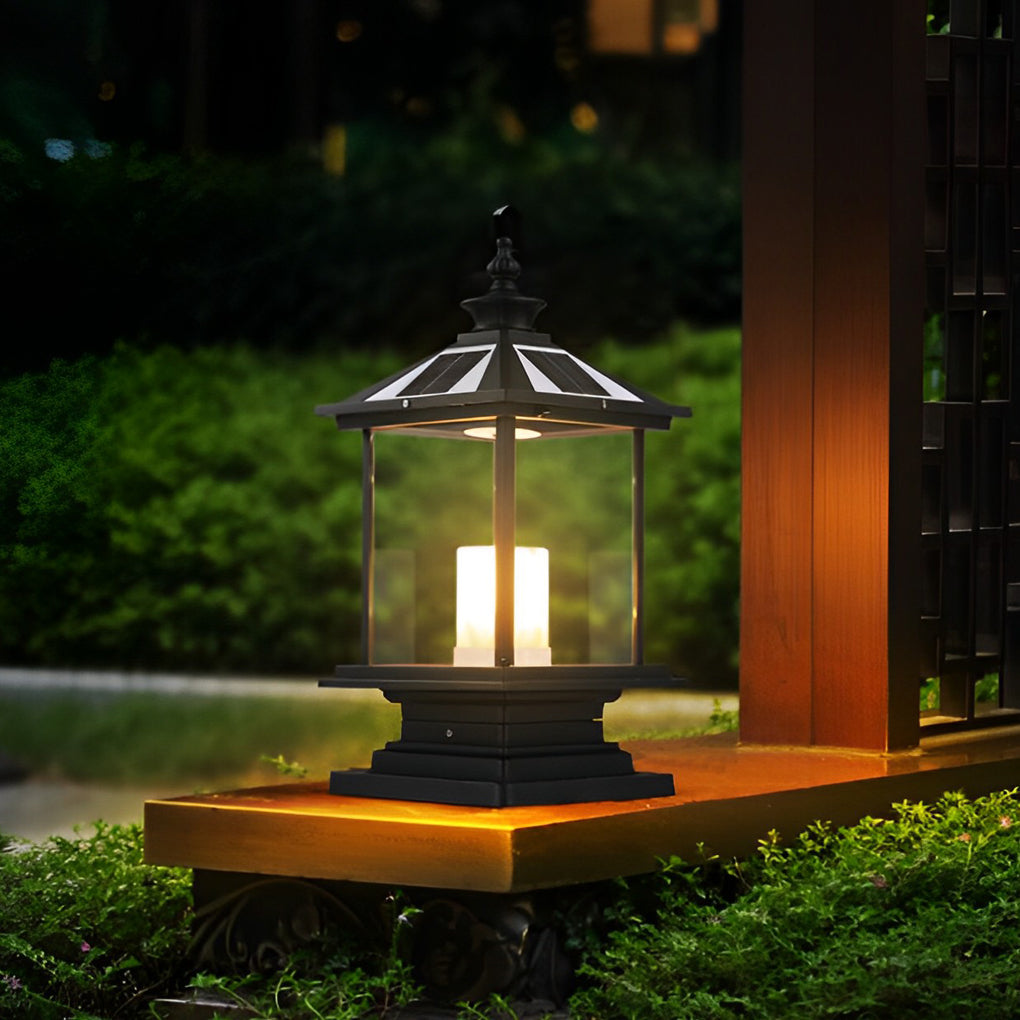 Glass Retro Waterproof Intelligent LED European Style Solar Fence Post Lights, Outdoor Wall Light, Die-cast Aluminum, 7.5"x7.5"x20.5"