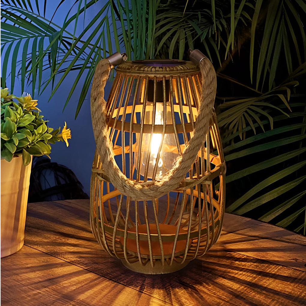Portable Bamboo Rattan Waterproof LED Wood Retro Solar Exterior Lanterns, Outdoor Wall Light, detail 5
