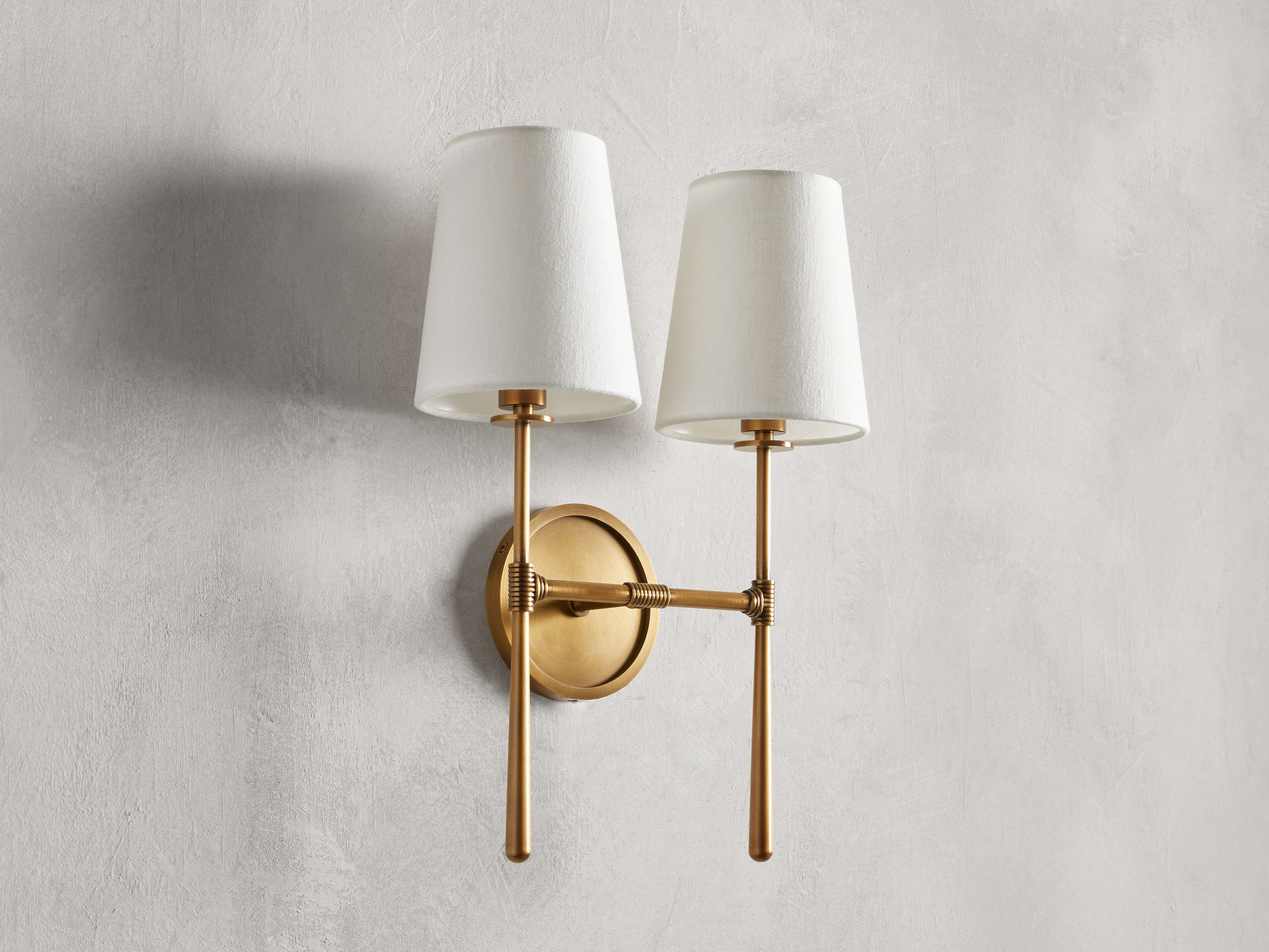 Rhodes Double Wall Light in Brass, Hardwired Wall Sconce, detail 2
