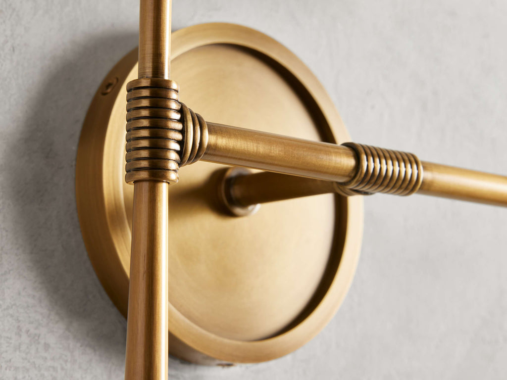 Rhodes Double Wall Light in Brass, Hardwired Wall Sconce, detail 3
