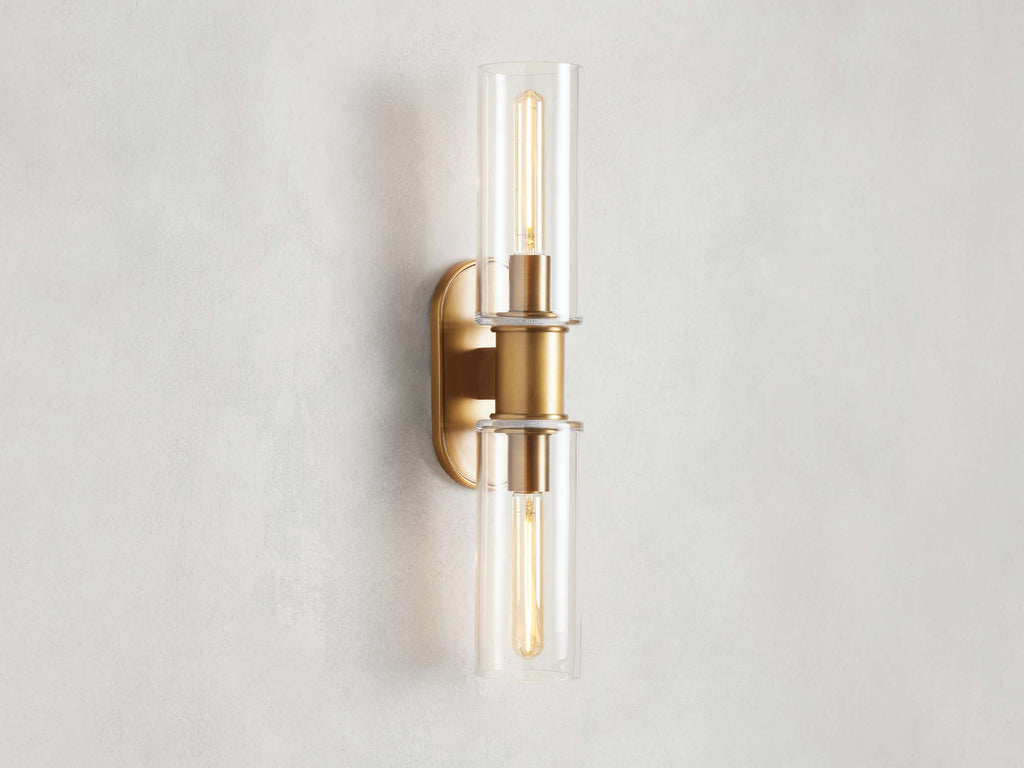 Harlin Double Wall Light in Clear Brass, Hardwired Wall Sconce, 4.25" w x 8.75" h