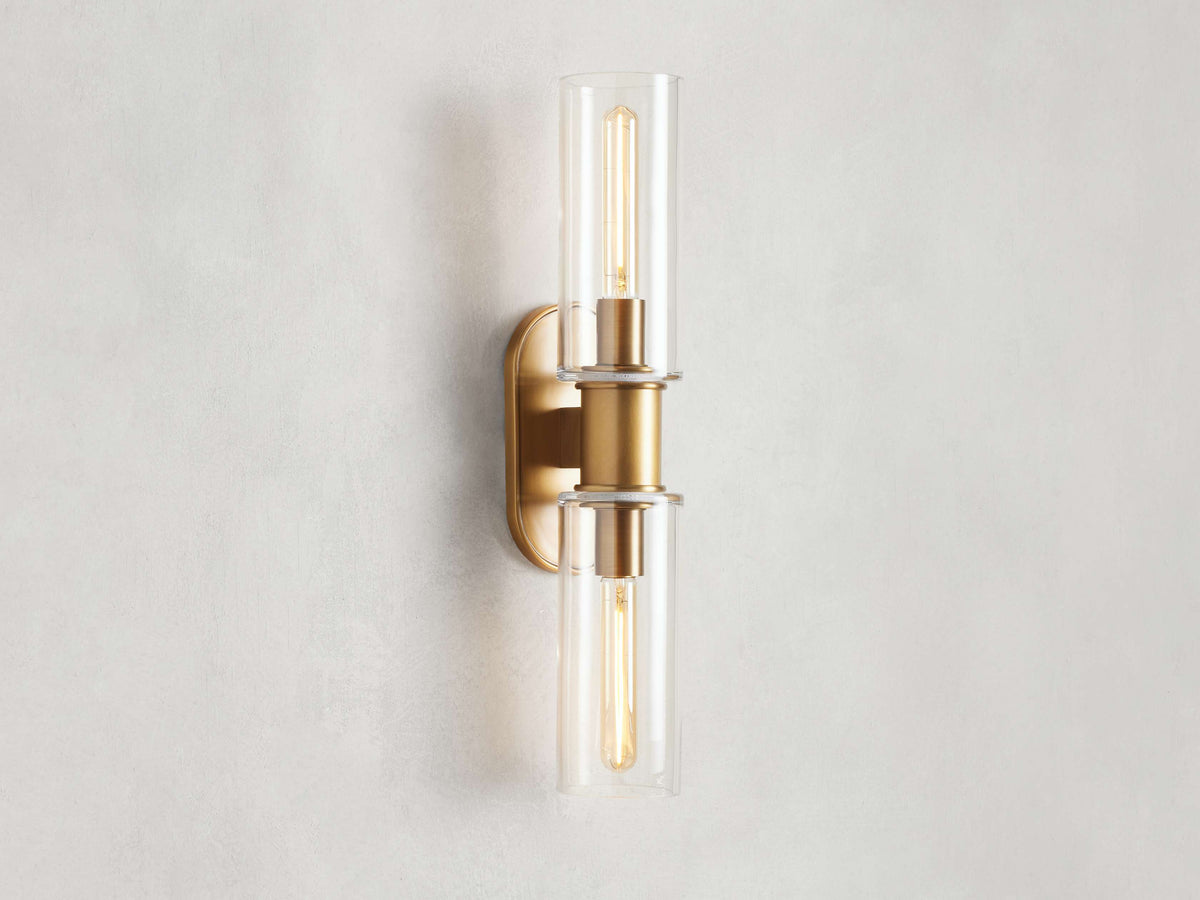 Harlin Double Wall Light in Clear Brass, Hardwired Wall Sconce, 4.25" w x 8.75" h