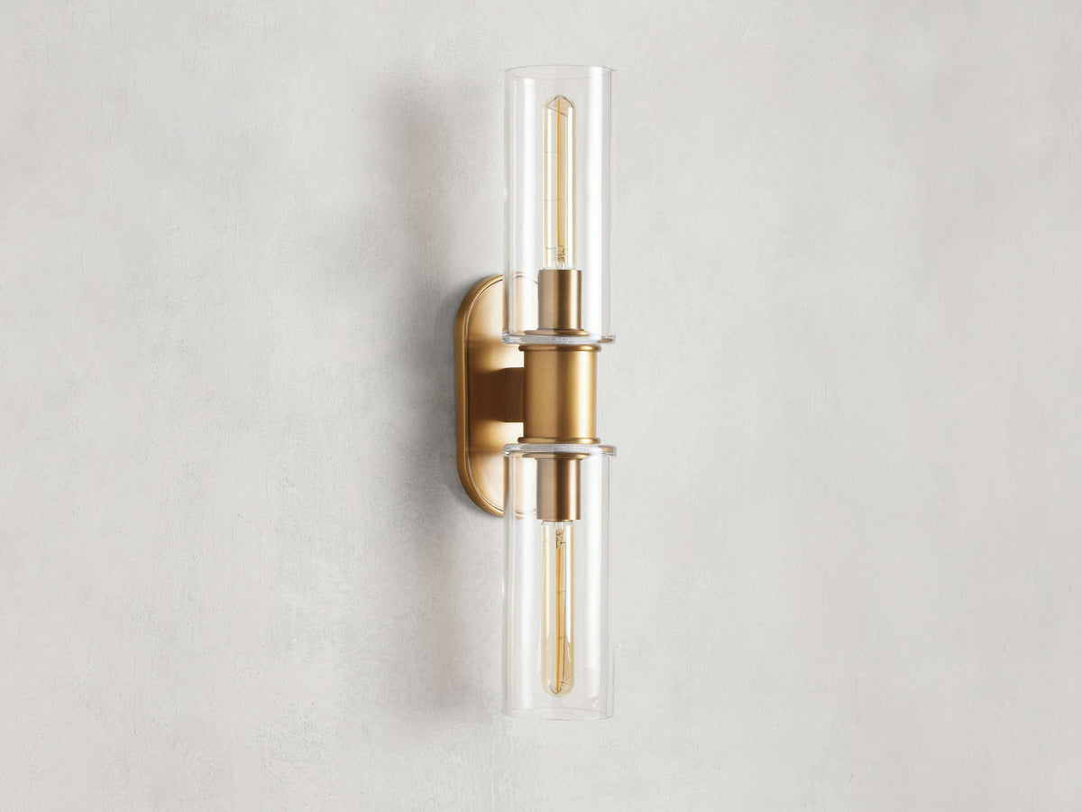 Harlin Double Wall Light in Clear Brass, Hardwired Wall Sconce, detail 3