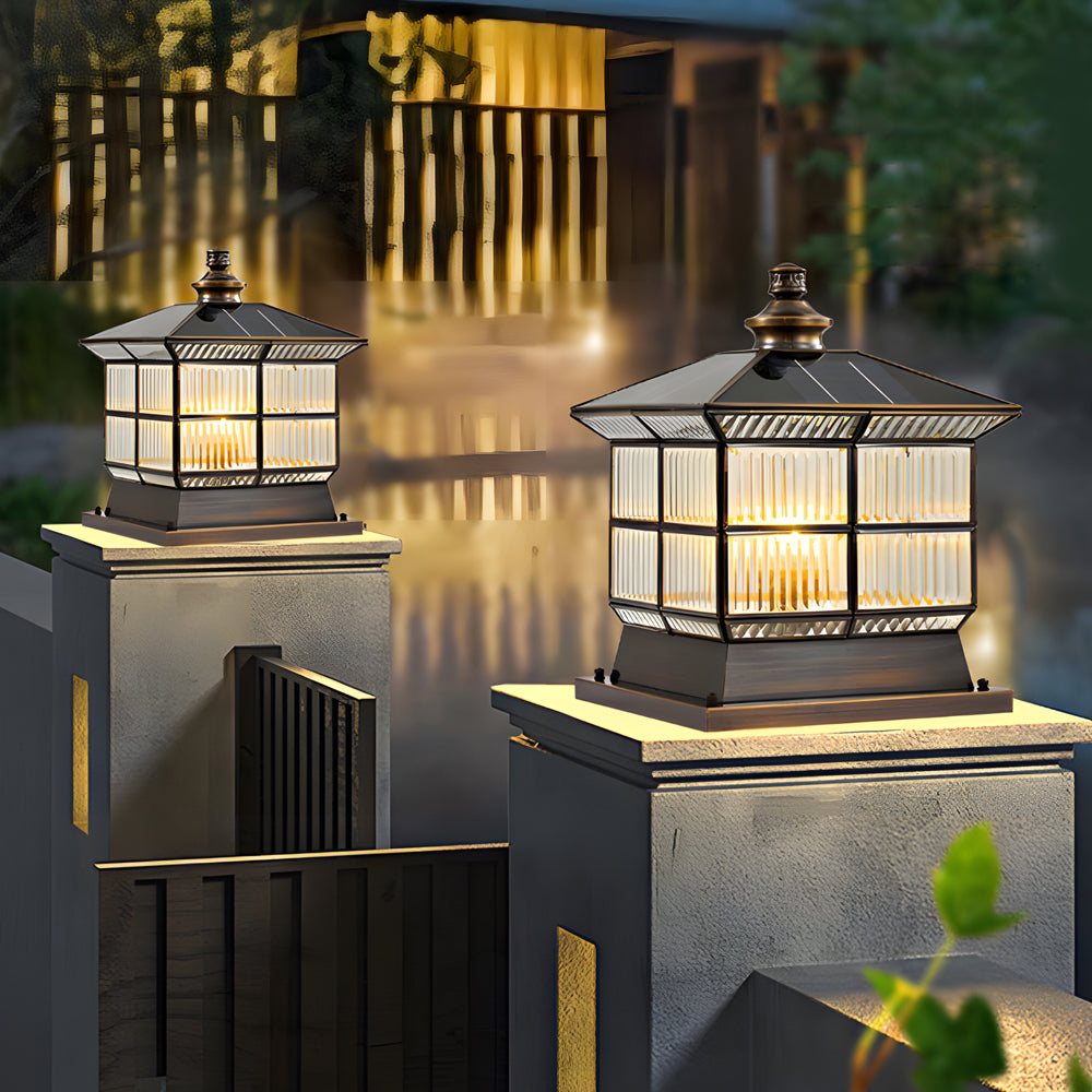 Glass Square Bronze Hardwired/Solar Pillar Lamp Fence Post Light with 3 Step Dimming, Outdoor Wall Light, detail 4