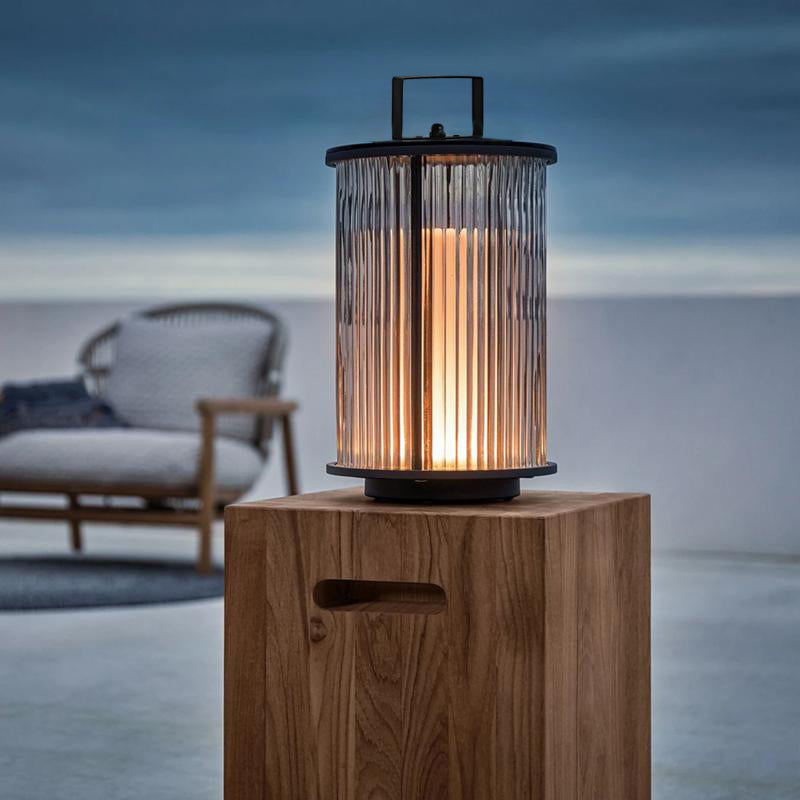 Striped Glass Cylindrical Waterproof Portable Solar Exterior Lanterns, Outdoor Wall Light, 12" Dia x 24" H