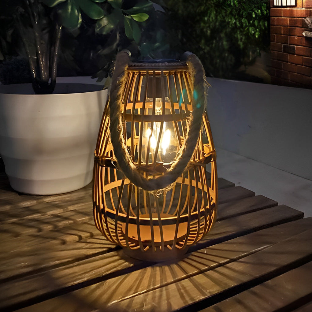 Portable Bamboo Rattan Waterproof LED Wood Retro Solar Exterior Lanterns, Outdoor Wall Light, detail 2