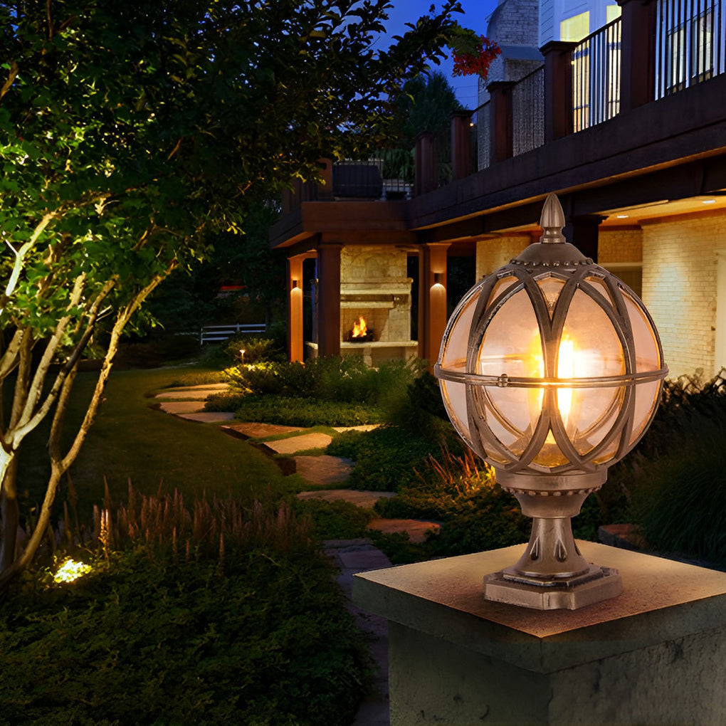 Circular Glass E27 Waterproof European Style Exterior Post Caps Lights, Outdoor Wall Light, Aluminum, 8" Dia x 15" H