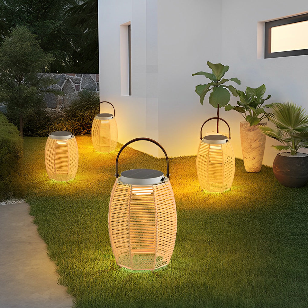 Portable Rattan LED Waterproof Solar Powered Exterior Lantern Lights, Outdoor Wall Light, Stainless Steel, 7" Dia x 10" H