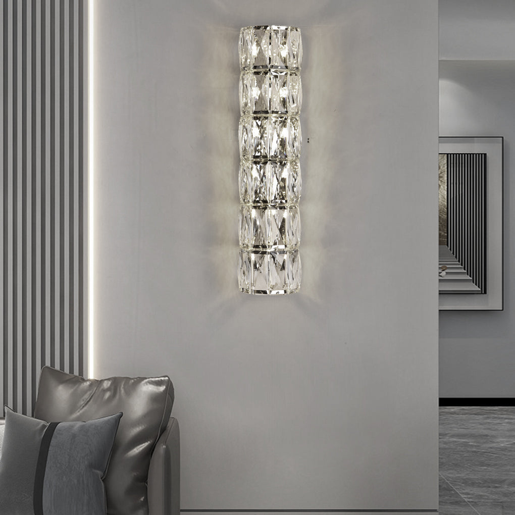 Cylindrical Crystal Three Step Dimming Light LED Contemporary Wall Fixtures Lighting, Bedroom Wall Sconce, Stainless Steel, 9"